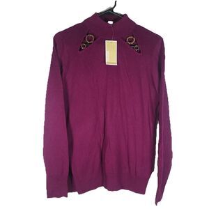 MICHAEL KORS Women's Medium Burgundy Knit Gold Rings Cutouts Sweater NWT